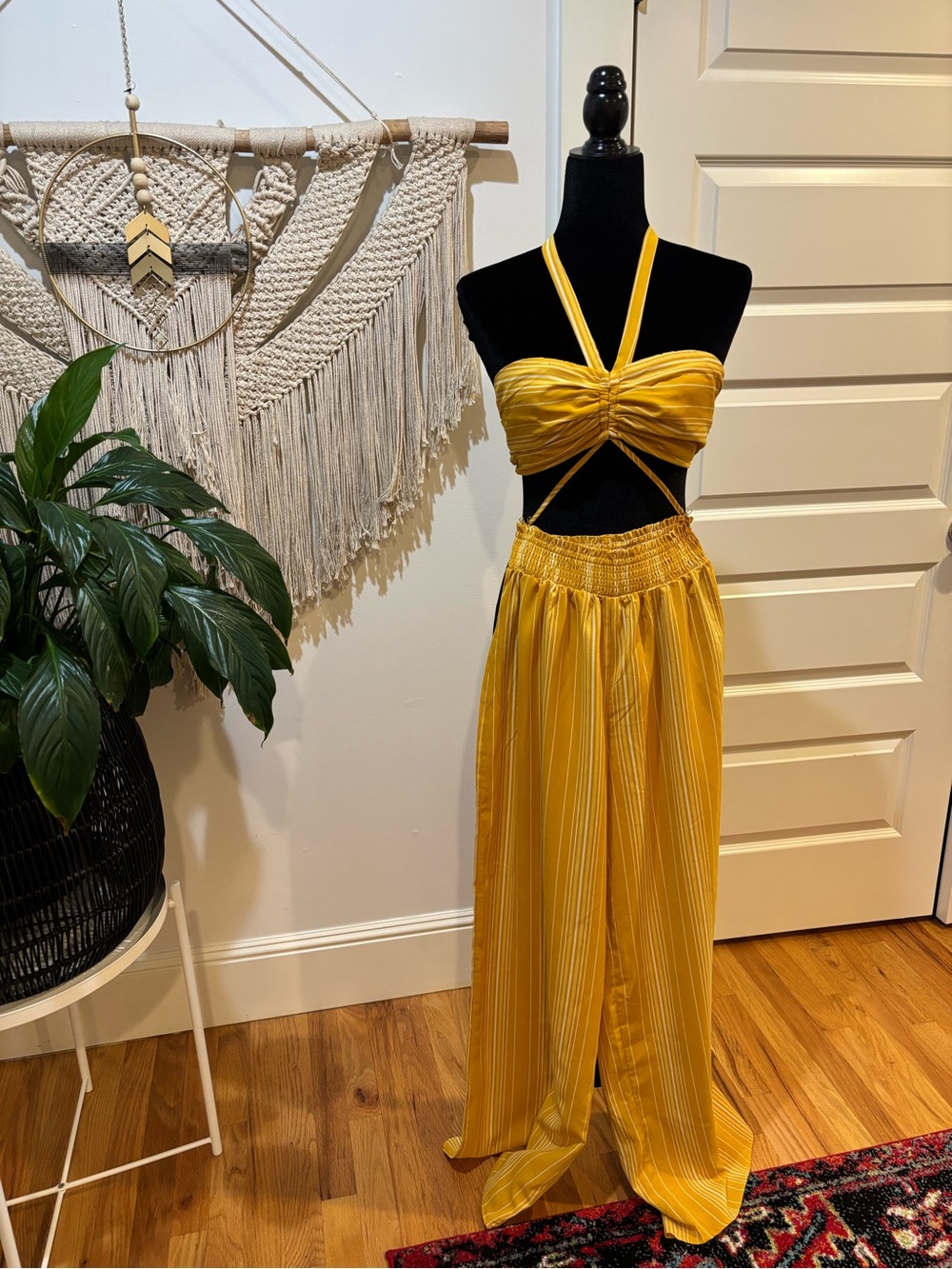 Yellow halter 2-piece and smocked wide leg matching pants